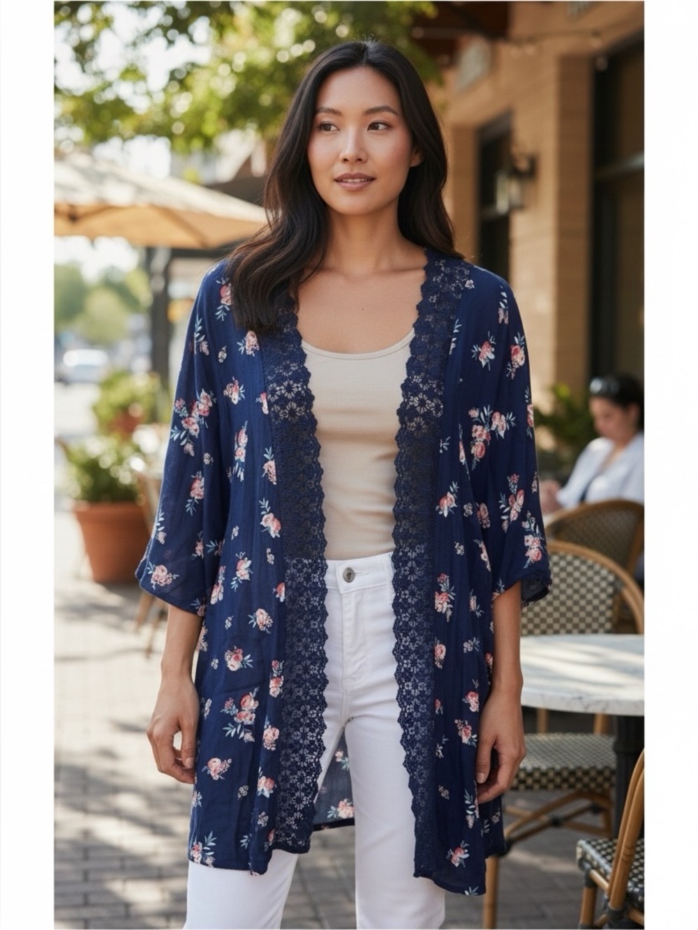 Navy Floral Lace-Trim Open Cardigan - Women's kimono L